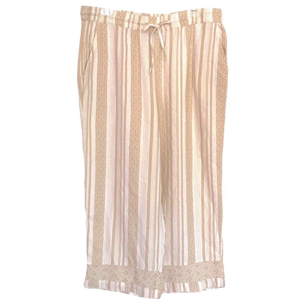 Denim & Co Naturals Size MP Linen Blend Beach Pants w/Lace Insets Pockets